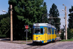 28. August 2005. Thüringer Waldbahn 592. Waltershausen. . Thüringen / Auf dem kurzen Streckenabschnitt zwischen den Haltestellen 